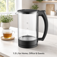 Bouilloire électrique sans fil en verre 1,7 L 2200 W avec protection contre l'ébullition à sec, base détachable à 360°, arrêt automatique, pour hôtel et usage extérieur