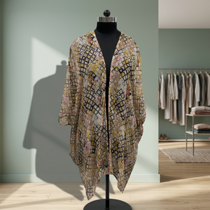 Boho Geometric Print Chiffon <b>Kimono</b> <b>Cardigan</b> V-Neck Loose Asymmetric Drop Shoulder Three Quarter Sleeve Maxi Length - Product Image 2