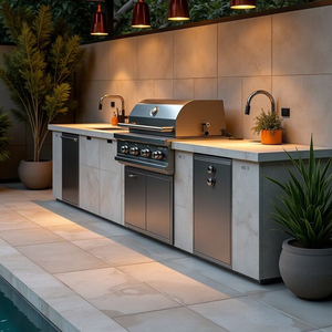 Modern Siyah Paslanmaz Çelik Granit Panel Ada Tipi Dış Mekan Mutfağı, Büyük Pizza Fırını, Lavabo Menteşesi ve Beyaz Tezgah ile - Product Image 1