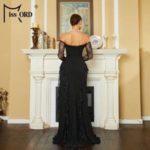 Abiti da sera neri sexy da donna con spalle scoperte, <span class=keywords><strong>motivi</strong></span> a contrasto in <span class=keywords><strong>pizzo</strong></span>, bordo arricciato e spacco sulla coscia, perfetti per feste - Product Image 2