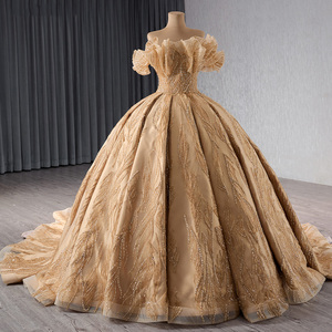 Robe de soirée longue moderne dorée en organza, robe de bal, robe de soirée à fleurs, appliques, perles, Rsm241066 - Product Image 5