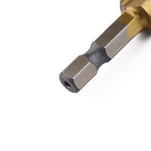 HSS4241 Titanium Coated <b>Step</b> <b>Drill</b> 3Pc Pagoda <b>Drill</b> Metric Combination 3-12 4-12 4-20 Hex Shank Gold Finish Metal Drilling - Product Image 3