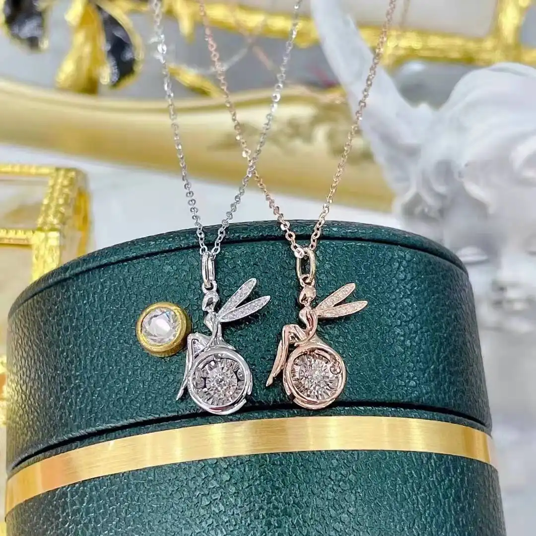 Nine's Nieuwe Collectie Leuke 18K Gold Angel Wing Hanger Ketting Met Bewegende Diamant