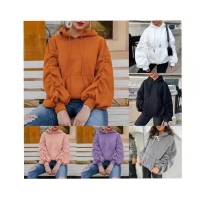 Лидер продаж, однотонная толстовка с длинными рукавами с рюшами и большими передними карманами, простые толстовки для женщин