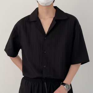 Camisa de verano para hombre con cuello abierto, Manga corta plisada, cuello en V, Top de tela fina Toploader - Product Image 1