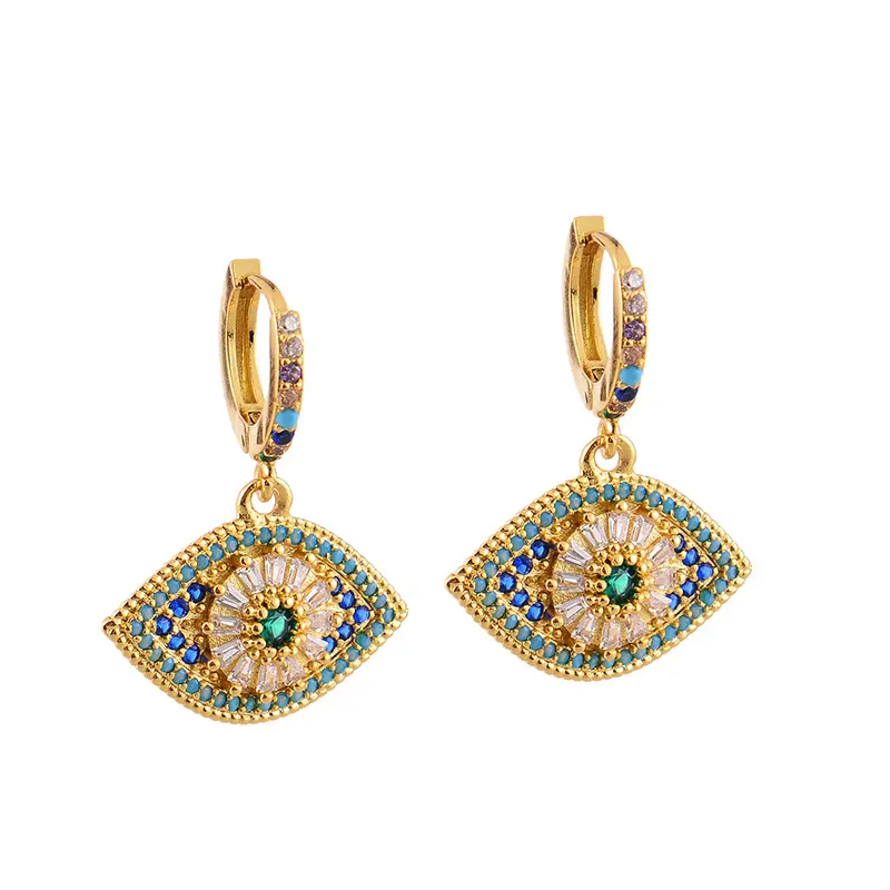 New Fashion Gold Plated Micro Pave Cz Turkish Blue Eye Hoop Earrings Blue Green Crystal Rhinestone Evil Eyes Earrings