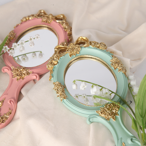 奢华欧洲便携式椭圆形压花玫瑰旅行公主金属化妆品手持化妆复古带手柄手镜 - Product Image 4