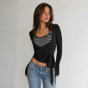 Ensemble deux pièces décontracté et polyvalent : caraco court rayé à col licou style Pure Desire et cardigan à manches longues à lacets croisés - Product Image 2