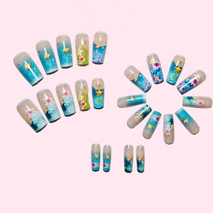 Nuove Unghie Finte Lunghe <span class=keywords><strong>Blu</strong></span> con Design a Pesci Oceanici, 24 Pezzi, Unghie Artificiali Press-on per Nail Art, Vendita all'Ingrosso - Product Image 2