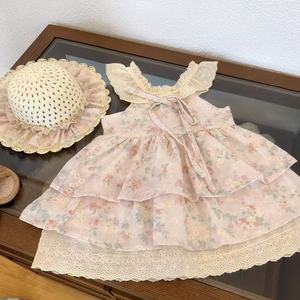 Cherry Blossom Floral Dress For Girls Pink With Hat Halter Neck Cotton Summer Dress Flower Girl Dress - Product Image 3