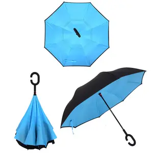 Custom Folding Reverse Inverted Reversible Umbrella With C Handle Double Layer 49" Arc Upside Down Umbrella Inside Out Umbrella