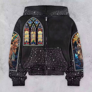 YSJY Fabricant de sweats à capuche zippés pour hommes, personnalisés OEM, en coton, coupe ample, effet vieilli, épais, avec strass et diamants - Product Image 1