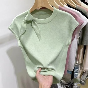 T26346 Strappy Round Neck Short <strong>Sleeve</strong> Knit T-Shirt for Women 2026 Summer New Slim Fit Versatile Small <strong>Flutter</strong> <strong>Sleeve</strong> <strong>Top</strong> - Product Image 1