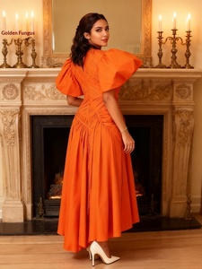 Abito Lungo Vintage Europeo-Americano dal Design Unico, Nuovo Modello con <span class=keywords><strong>Maniche</strong></span> a Sbuffo, Vita Plissettata, Collo Tondo, Vestibilità Slim, Vita Alta per Donna - Product Image 3