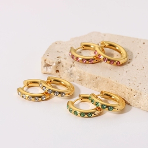 MS-743 hợp thời trang Bông tai 18K mạ vàng thép không gỉ Hoop bông tai đỏ Hồng Xanh Trắng Zircon Inlay - Product Image 1