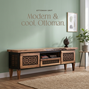 Meuble TV rustique moderne en chêne, console multimédia en bois, ottoman, meuble de salon - Product Image 2
