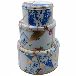ชุดกระป๋องโลหะกลม-DIA 215, DIA 175, DIA 140 mm (ชุด3) ฝาลื่น kintsugi GOLD vein Flower kint sugi Design - Product Image 2
