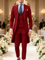 Costume Homme Sur Mesure en Gros : Designs de Manteaux Longs, Costume Rouge, Smoking Élégant pour Homme, Ensemble 3 Pièces Personnalisé (Veste+Gilet+Pantalon)