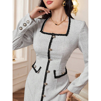Fabricant OEM ODM sur mesure, robe maxi en tweed gris pour femmes, col carré, manches longues, bordure tressée, boutons dorés, hiver, sur mesure