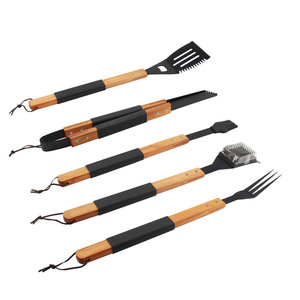 Juego de herramientas para barbacoa de 5 piezas con mango de madera, kit de barbacoa antiadherente para exteriores, pinzas, tenedor, espátula, raspador, herramientas duraderas para voltear - Product Image 1
