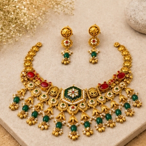 Elegant 925 <b>Silver</b> Temple Necklace and Earrings Set with Green Red Stones Traditional Indian Bridal Jewelry for Women - Product Image 5