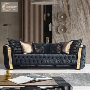 Foshan imalatı toptan lüks modern mobilya kanepe oturma odası koltuk takımı tasarımları kapitone kanepe siyah ve altın kanepe