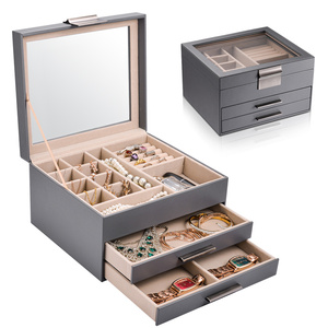 Boîte à bijoux en cuir portable à 3 couches, avec logo personnalisé, petite, ronde, blanche, en velours, pour voyage, avec tiroir de rangement en cuir noir - Product Image 1