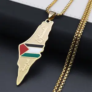 加沙免费巴勒斯坦项链316l不锈钢18k镀金国旗风格男女通用吊坠项链饰品高品质地图