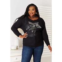 Haut en tricot noir à sequins et motif, manches dolman, 100 % acrylique, extensible à moyenne élasticité, lavage en machine, séchage à l'air frais, tailles S-XL