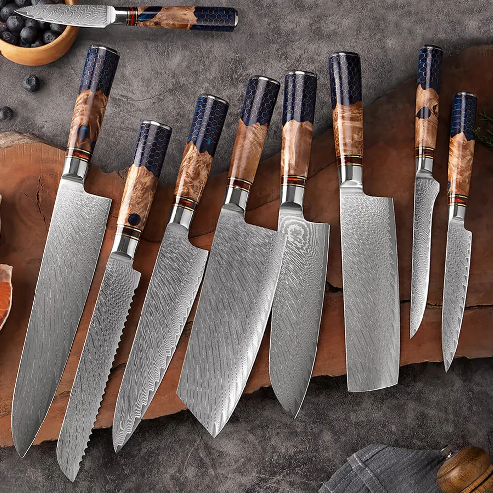 Хит продаж, профессиональный набор кухонных ножей из японской дамасской стали с кованой ручкой шеф-повара сантоку