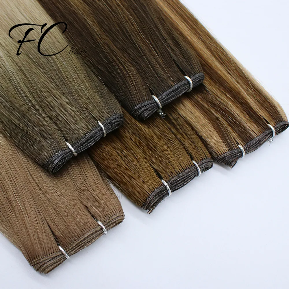 Fangcun Balayage Loira Genius Trama Cutícula De Cabelo Virgem Russo Duplo Desenhado Mão amarrada Trama De Cabelo