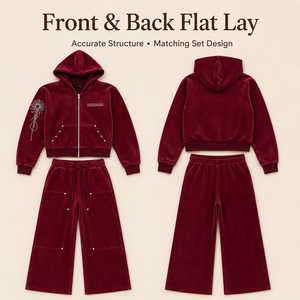 Ensemble survêtement décontracté rétro deux pièces pour filles : sweat à capuche zippé en velours bordeaux et <span class=keywords><strong>pantalon</strong></span> large avec détails rivets personnalisés - Product Image 2