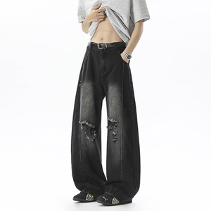 Pantalon long homme taille haute en denim fin, coupe large, style rétro déchiré, pour le streetwear américain - Product Image 1