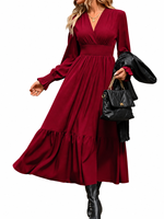 Robe longue maxi élégante pour femme, col en V, manches longues bouffantes, taille smockée, à volants, couleur unie, grande taille, coupe trapèze, automne, polyester, ODM/OEM