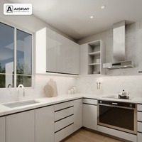 Meuble de cuisine ultra brillant, aménagement en L contemporain, boîtes en panneaux mélaminés, rangement coulissant et fournitures pour projets de villas