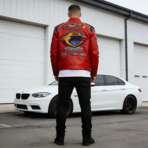 جاكيت جامعي من الجلد عالي الجودة مع تطريز حروف وسحاب، تصميم على طراز البومبر للدراجات النارية وملابس الشارع - Product Image 3