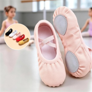 Chaussons de ballet souples pour enfants en toile à semelle fendue avec doublure en coton et semelle extérieure en PU, sangle croisée élastique pour l'entraînement de danse des filles - Product Image 3