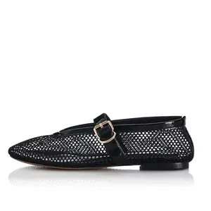 Customized Ladies Black Mary Jane Shoes Round Toe Ballet Flat With Solid Pattern Mesh Women's Brands Design