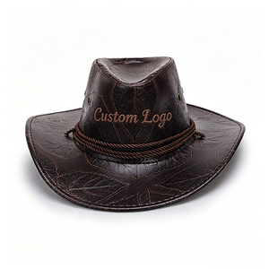 Custom Logo Vintage Embossed PU Leather Cowboy Hat with Chin Strap Unisex Outdoor Spring Summer Casual Adult 58-60CM - Product Image 1