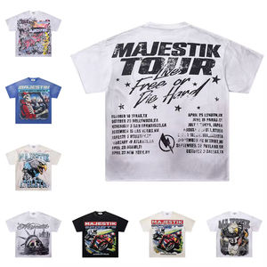 Shining Rhinestone MAJESTIK Men's T-Shirt Washed Cotton Short Sleeve American High Street Oversized Hip Hop Casual Graphic Shirt - Product Image 3