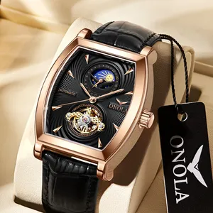 奥诺拉品牌陀飞轮机械表男士日月和星星皮革表带黑色豪华商务自动腕表