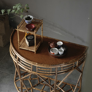 Table console demi-lune en bambou, faite à la main, table d'entrée polyvalente pour salon, support à fleurs, style classique - Product Image 3