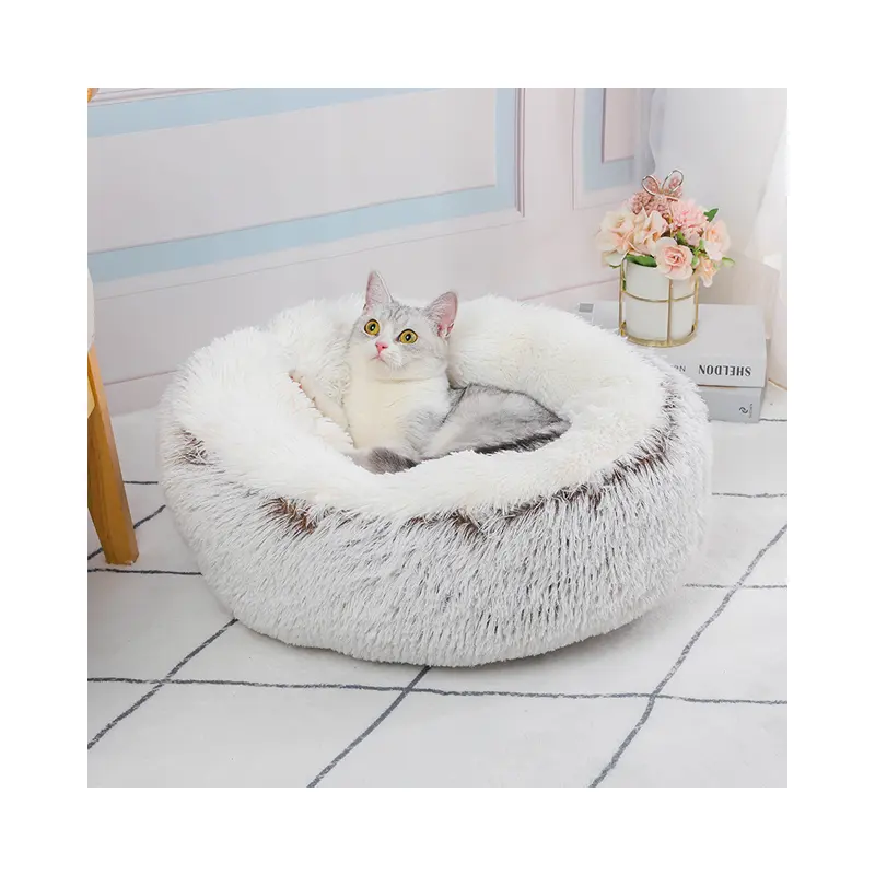 Queeneo Small Animal Luxury Pet Bed Round Plush Faux Fur Donut Pet Bed with Non-slip Bottom Breathable PP Cotton Pet Cushion