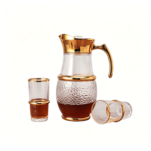 Glaskaraffen- und Becher-Set mit <span class=keywords><strong>Goldrand</strong></span>, Deckel und Griff, 7-teilig, Wasserkaraffe für Zuhause, Party, Hochzeit - Product Image 1