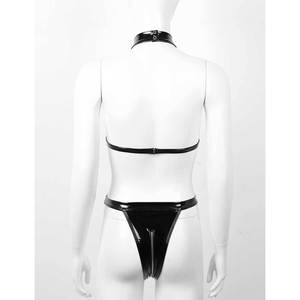 Bikini de una pieza con cremallera y diseño hueco de piel sintética de malla para mujer, lencería sin mangas de spandex negro - Product Image 4