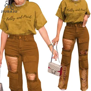 Causal Conjunto De Duas Peças para Mulheres Streetwear Carta Bordada T-shirt Ripped Jeans 2023 Summer Fashion Outfits