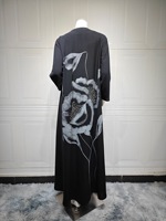 Robe longue ouverte noire à dos fleuri et perles, style cardigan, vêtement islamique Abaya Kaftan, manches chauve-souris, été, quotidien, personnalisable, en polyester