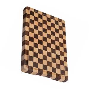 Bois d'acacia nouvellement conçu avec planche à découper de cuisine en bois de caoutchouc planche à découper à carreaux avec rainures et poignées de jus - Product Image 5