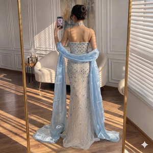 Serene Hill LA73226A Blue <strong>Silver</strong> Zipper Back Mermaid Beaded Evening <strong>Dresses</strong> with Shawl 2026 Luxury Party Gowns for <strong>Women</strong> - Product Image 5