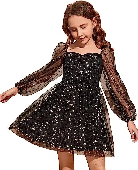 Girls Clothing Kids Printing Princess Dress Teen Square Neck Lantern Sleeve Floral Plaid Dress Fashion New Years Dresses